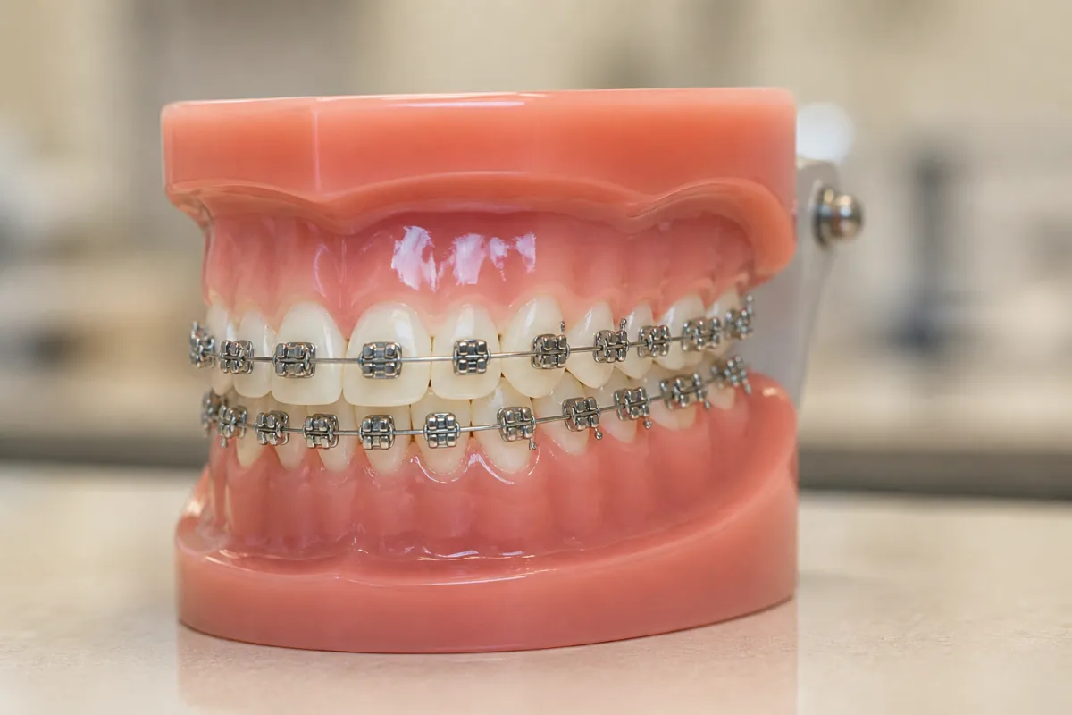 Metal braces on a dental model at Pearl Dental Clinic in Moshi.
