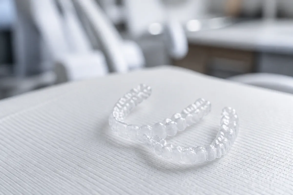 Clear aligner trays on a clinic tray for teeth straightening in Moshi.
