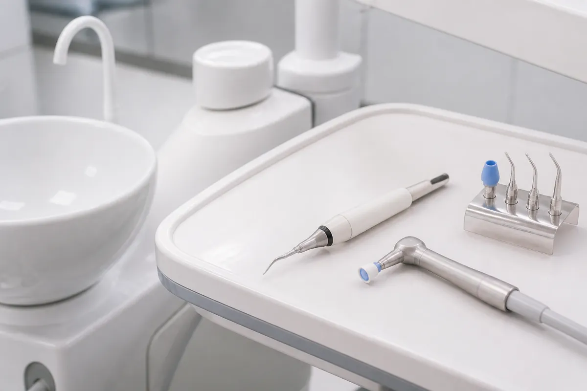 Dental cleaning tools on a tray for teeth cleaning and scaling in Moshi.