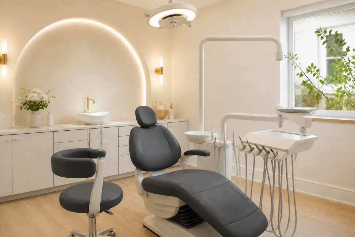 Empty dental chair in a cream treatment room used for toothache treatment in Moshi.